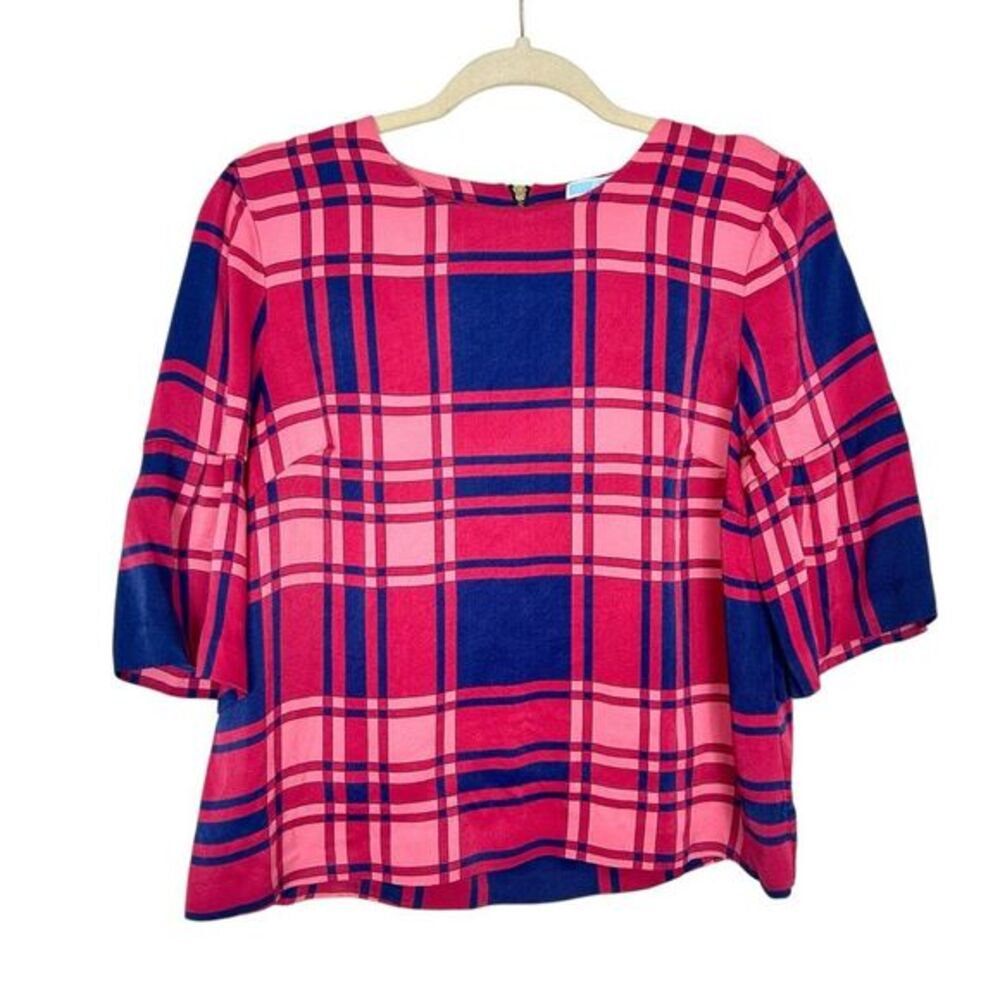 Draper James Blouse Top Womens 6 Pink Blue red Plaid Ruffle Sleeve Zip Blouse